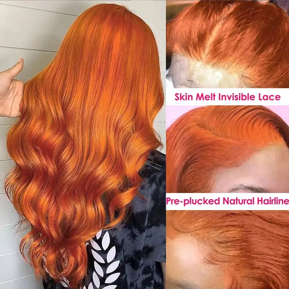 Ginger Orange 38 Inch Lace Front Wigs Human Hair Body Wave Wavy 13x6 HD Lace Front Ginger Glueless Wigs Human Hair 210% Density