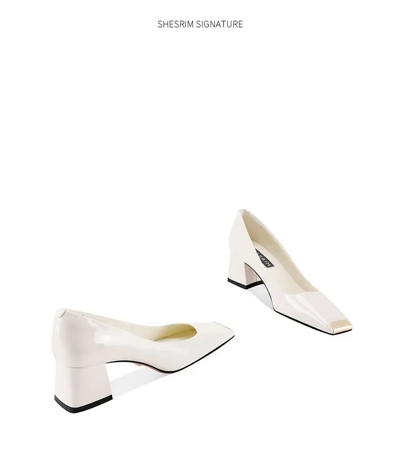 2025 new spring ladies pumps chunky heels leather square head shallow mouth with fashion comfortable commuter work women's shoes