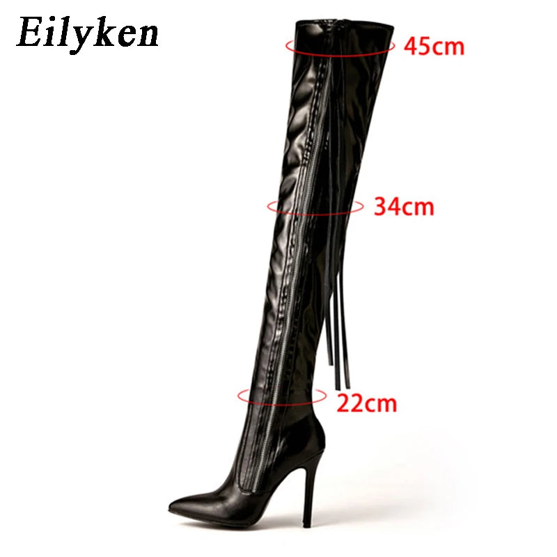Eilyken New Fashion Designer Tassel Thigh High Women Shoes Sexy Pointed Toe Zip Over-the-Knee Boots Stiletto Heels Size 35-42