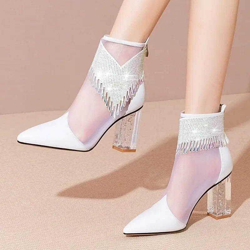 Rubber Soled Dance Boots Women 2025 Spring Pointy Rhine-diamond Tassel High Heel Mesh Latin Jazz Modern Dance Shoes Stage Show