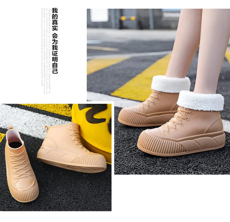 2025 New plush galoshes waterproof rain boots women's rubber platform shoes for lady ankle wide toe rainboots water shoes woman