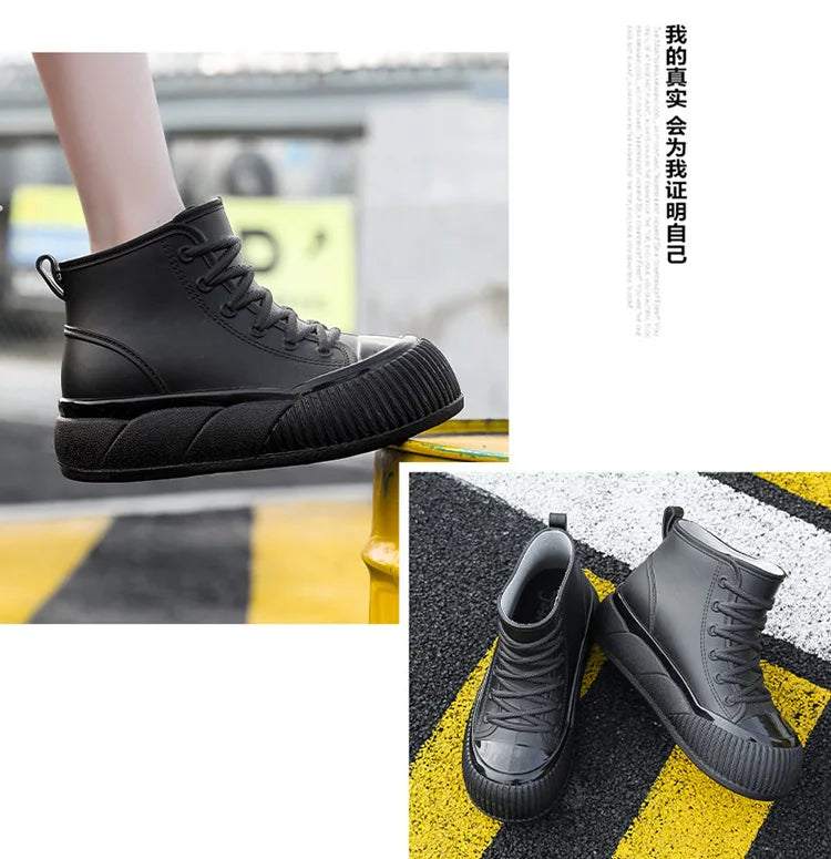 2025 New plush galoshes waterproof rain boots women's rubber platform shoes for lady ankle wide toe rainboots water shoes woman