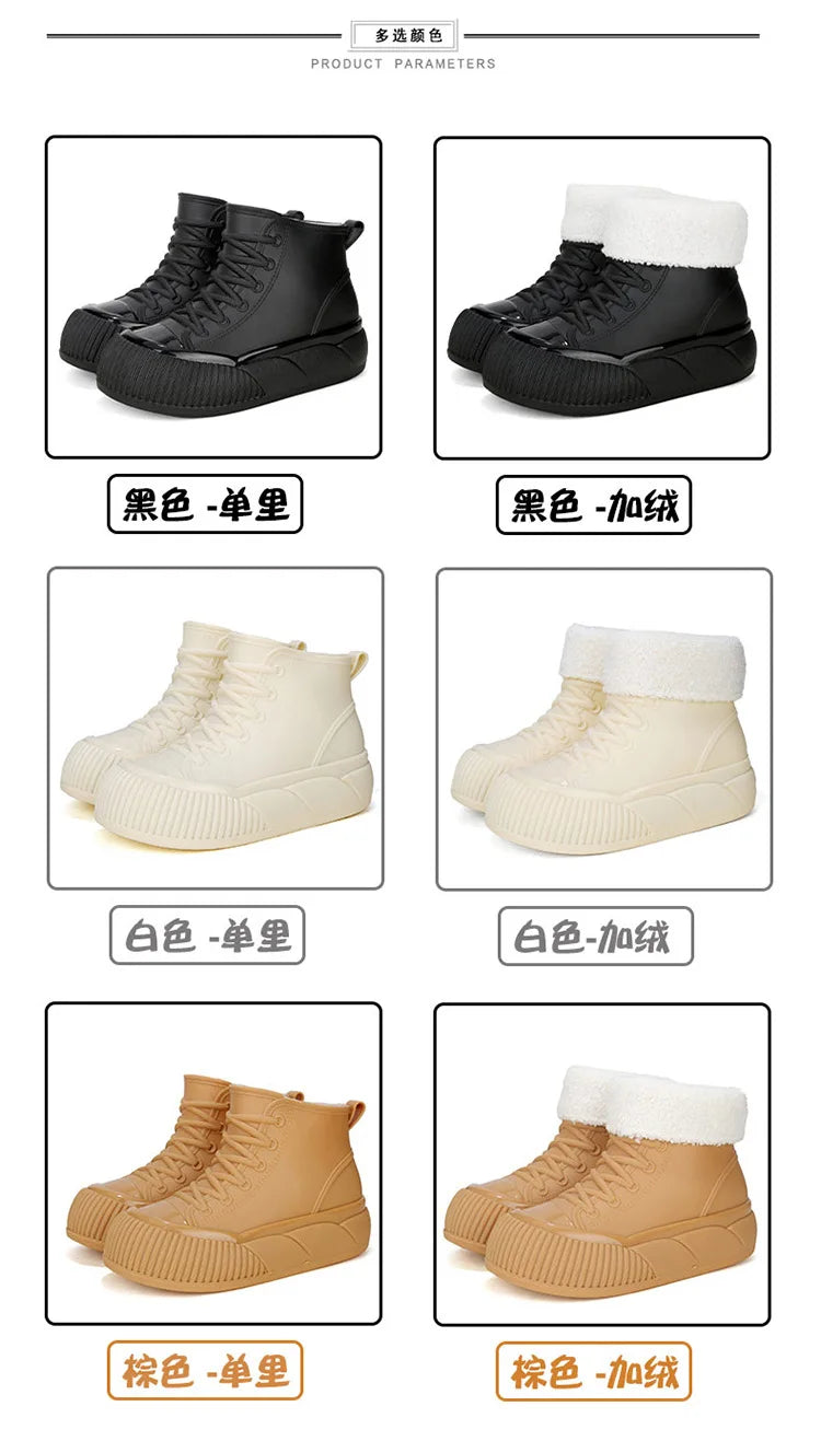 2025 New plush galoshes waterproof rain boots women's rubber platform shoes for lady ankle wide toe rainboots water shoes woman
