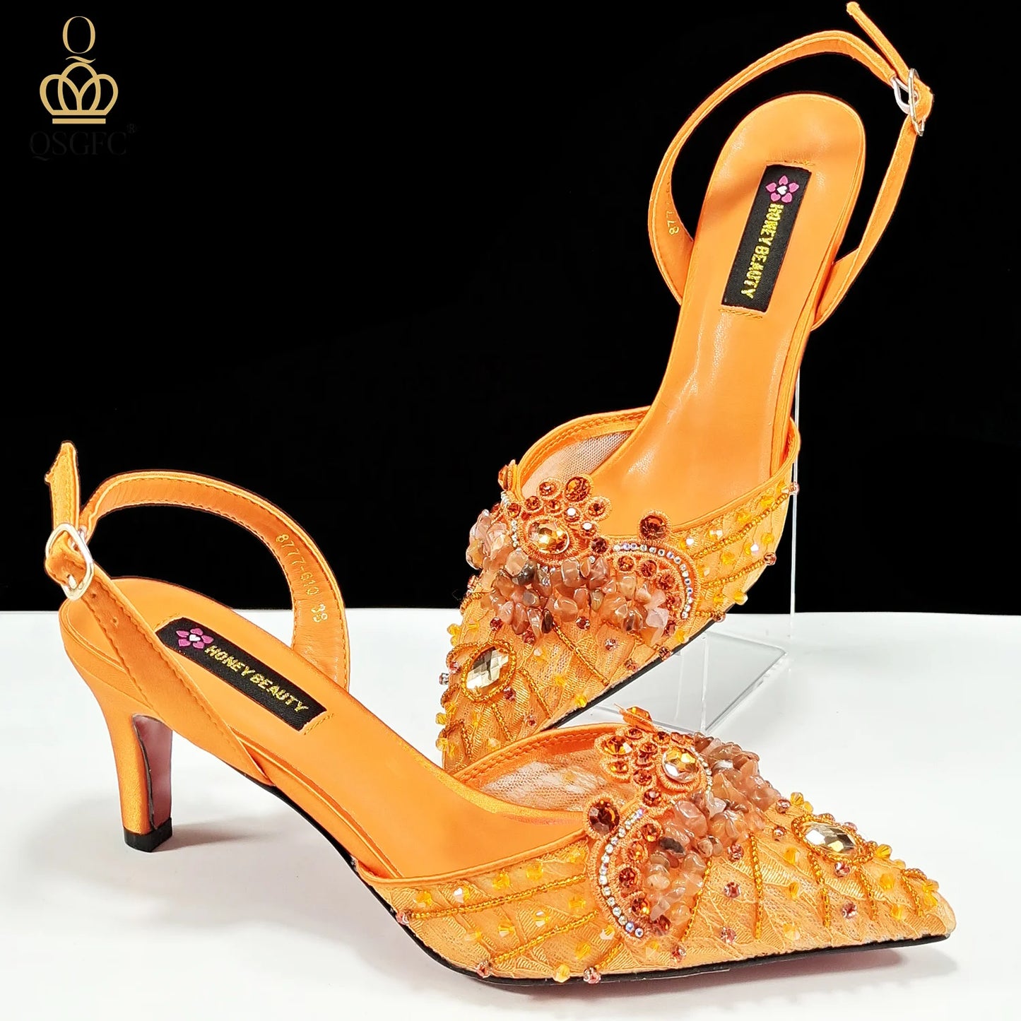 QSGFC Nigerian Style Elegant Women Heels Shoes And Bag Set Rhinestone with Coral Shoes Wedding Party
