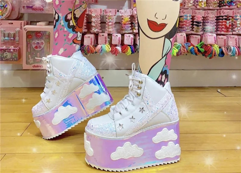 Colorful clouds Platform Shoes For Woman Punk Style Lace-up High Heel Wedges Shoes Sweet Women Ankle Boots For Mujer Shoes 2025