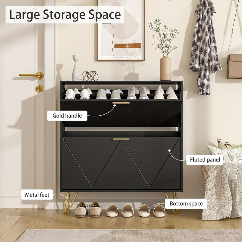 Shoe Cabinet with 2 Flip Drawers, Black Shoe Storage Cabinet, Slim Wooden Freestanding Shoes Rack, Shoes Organizer with Fluted