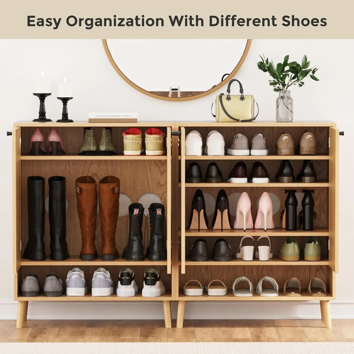 Shoe Cabinet with 2 Handmade Natural Rattan Flip Drawers, Entryway Shoe Rack Storage Organizer for Sneakers, Slippers