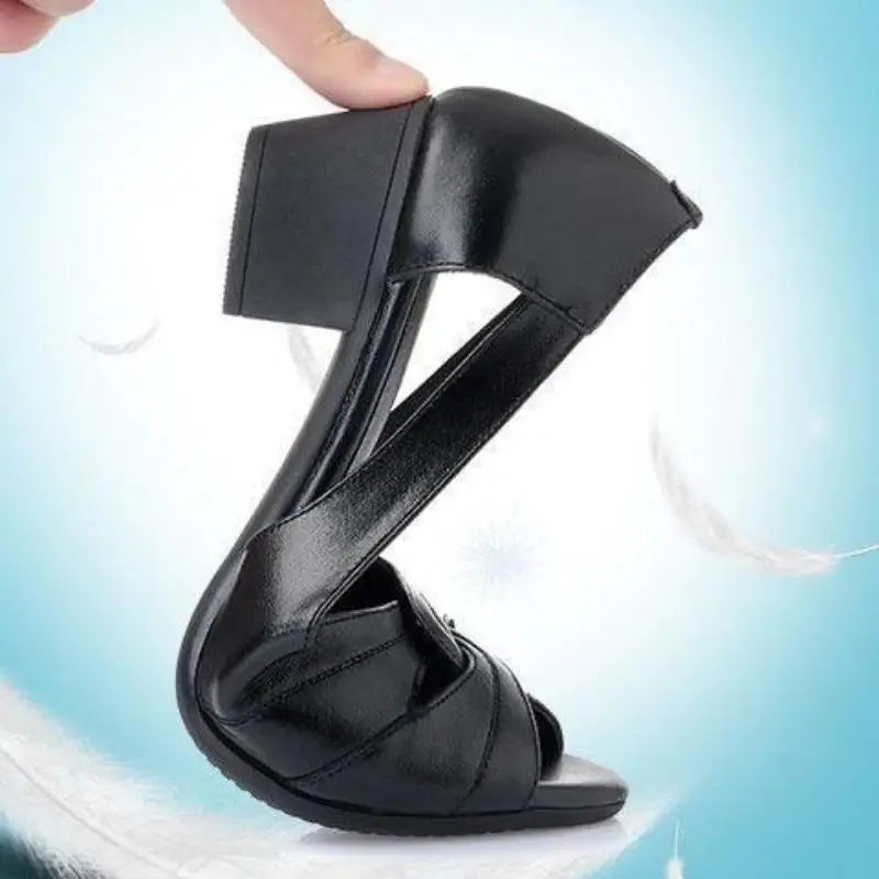 Black Peep Toe Mid Heel Sandals Women's Pumps Square Heel Soft Sole Leather Work Shoes Simple Casual Summer Hollow Out