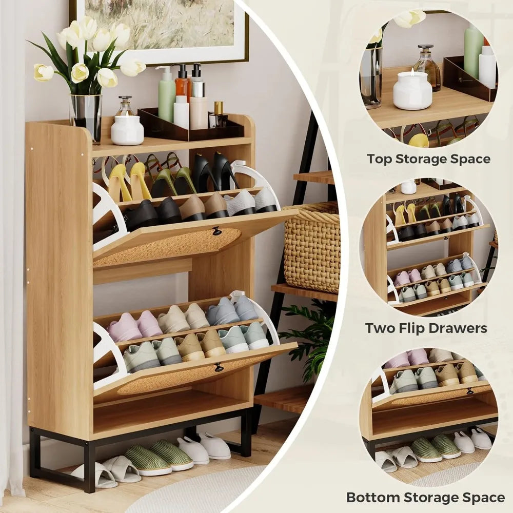 Shoes cabinet.Shoe Cabinet with 2 Flip Drawers, Natural Rattan Freestanding Shoe Cabinet Storage for Entryway, Slim Shoes