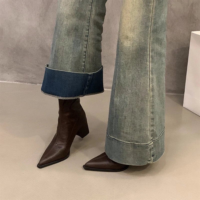 Designer Vintage Women Ankle Boots Fashion Pointed Toe Short Booties Elegant High Heels Shoes Botas Mujer