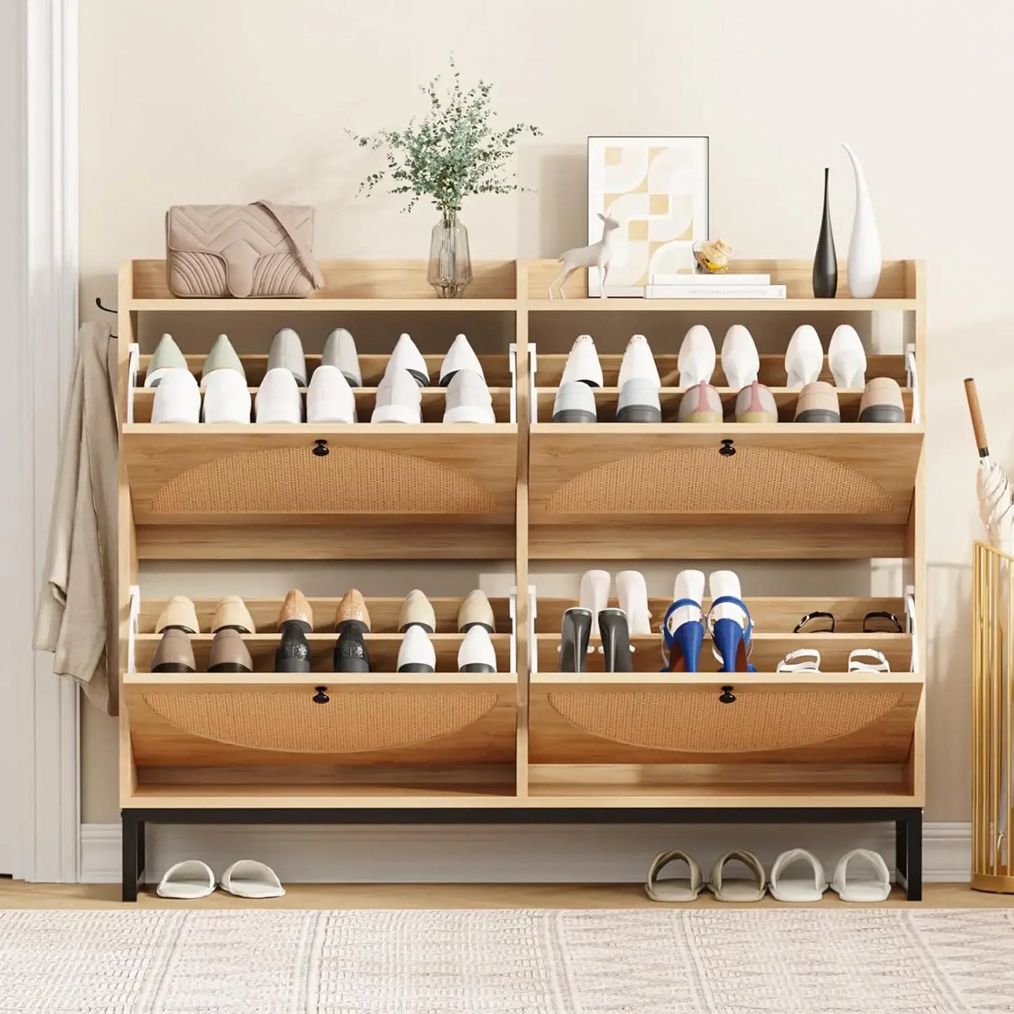Shoe Cabinet with 2 Handmade Natural Rattan Flip Drawers, Entryway Shoe Rack Storage Organizer for Sneakers, Slippers