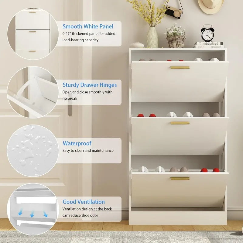 Shoe Cabinet with 2 Flip Drawers - Narrow Shoes Storage for Entryway, Freestanding Hidden