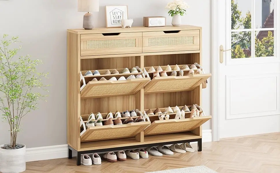 Shoe Cabinet Storage for Entryway Hidden Shoes Storage Cabinet Narrow Shoe Organizer Cabinet with 4 Flip Drawers, Free Standing