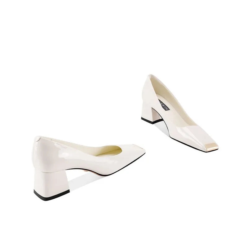 2025 new spring ladies pumps chunky heels leather square head shallow mouth with fashion comfortable commuter work women's shoes