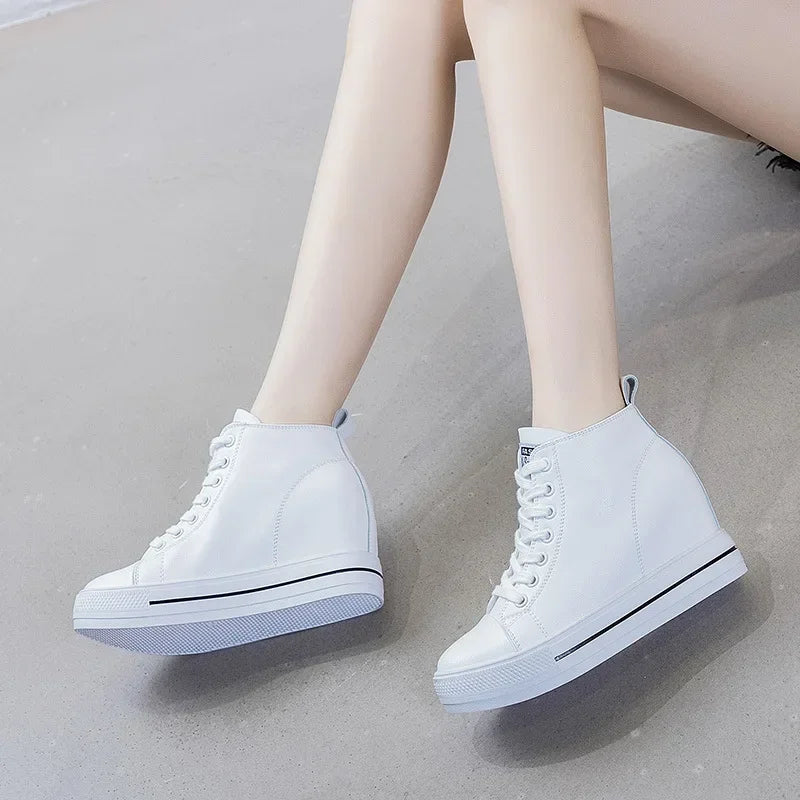 2025 Genuine Leather Shoes New Autumn Winter Lace-up High-top Women Sneaker Shoes High Heels Increase Within Wedges Casual Shoes