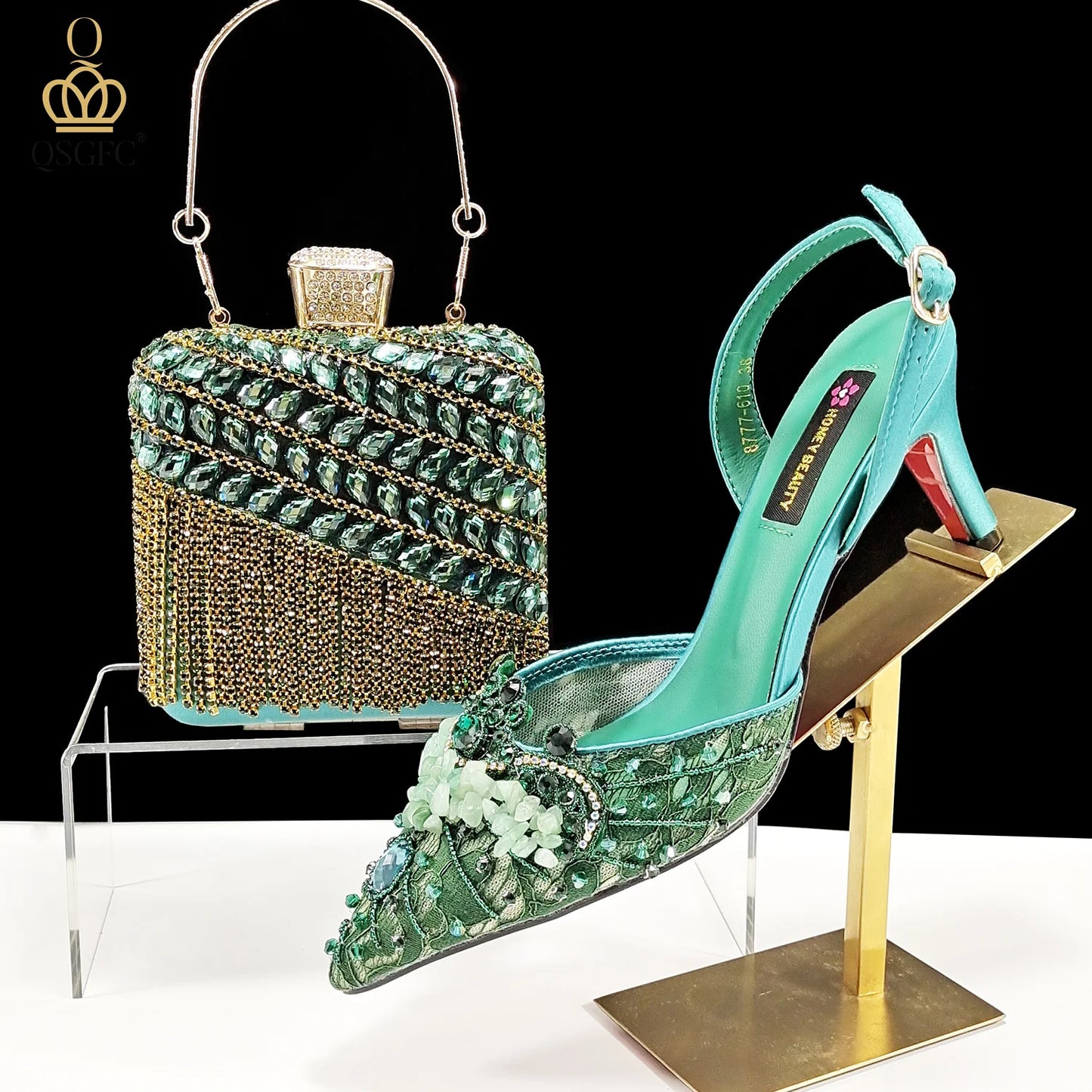QSGFC Nigerian Style Elegant Women Heels Shoes And Bag Set Rhinestone with Coral Shoes Wedding Party