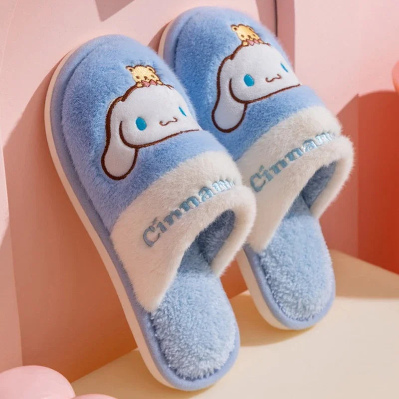 Genuine Sanrio Hello Kitty Plush Slippers Kuromi My Melody Warm Winter Indoor Slippers Flat Casual Non-slip Girl Home Shoes