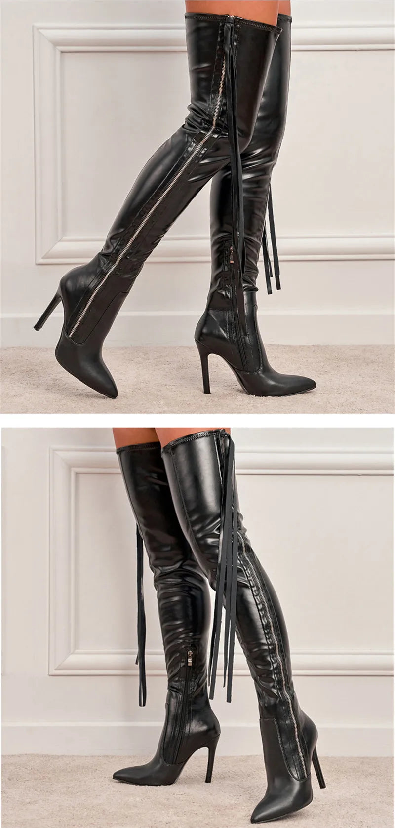 Eilyken New Fashion Designer Tassel Thigh High Women Shoes Sexy Pointed Toe Zip Over-the-Knee Boots Stiletto Heels Size 35-42
