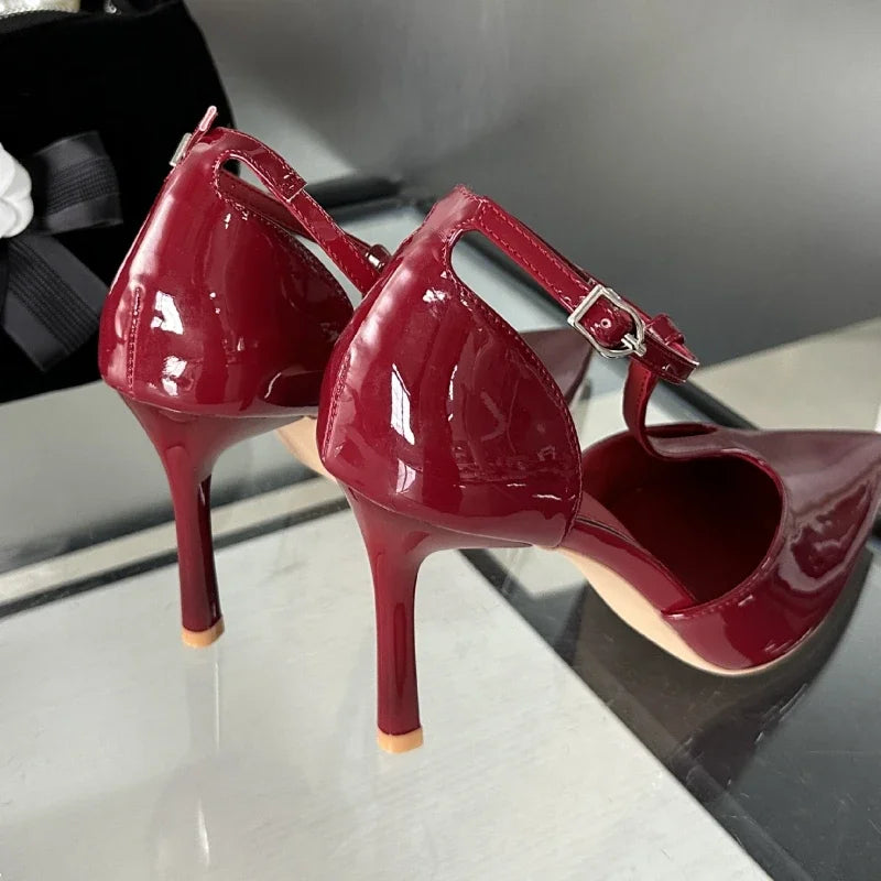 Sexy Red High Heels Women Pointed Toe Party Dress Shoes T-Strap Patent Leather Elegant Slingback Thin Heels Female Sandals Women