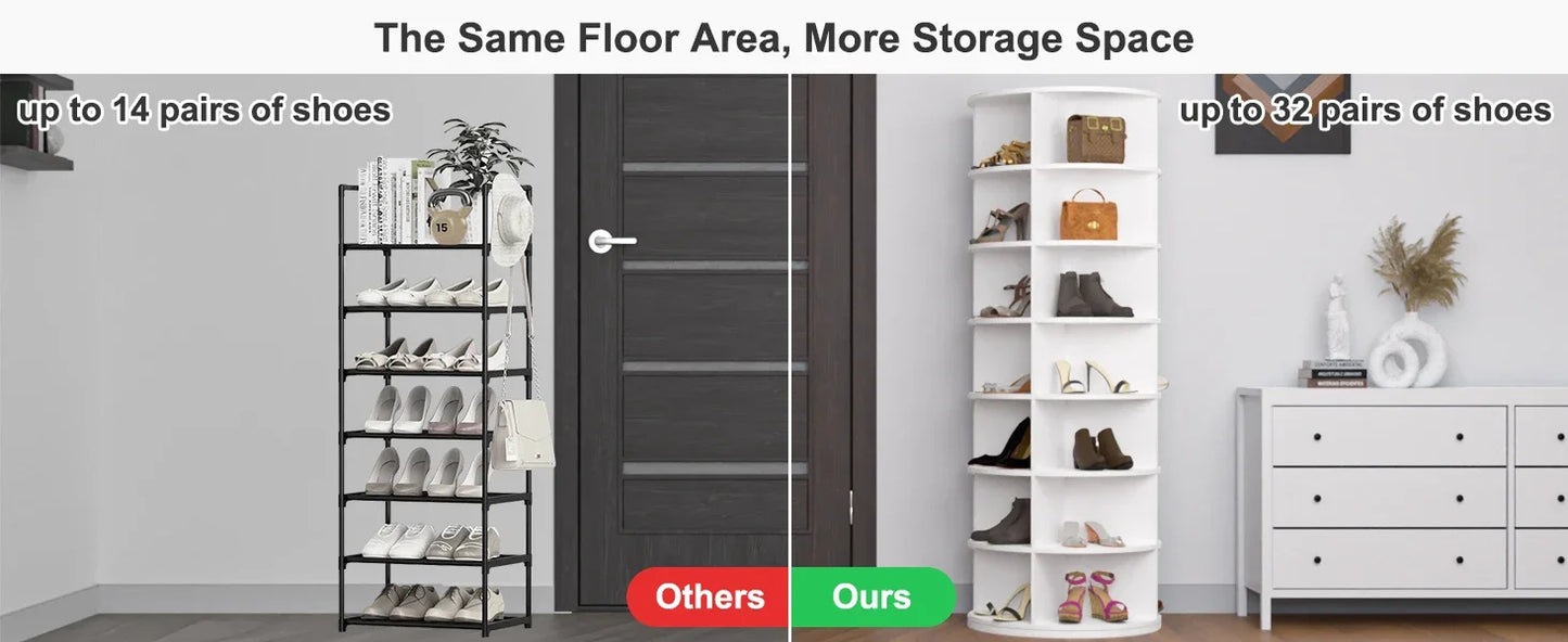 Shoe Rack 7-Tier Spinning, Free Standing Rotating Tower 360°, Easy To Assemble, Space-Saving,White Easy To Clean Shoe Cabinet