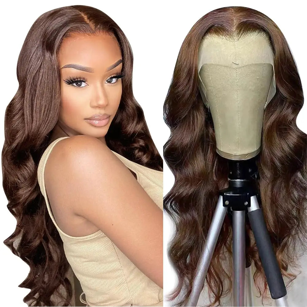 Chocolate Brown 13x4 Synthetic Glueless Lace Front Wigs For Women Loose Wave Body Wave Lace Frontal Wig Pre Cut 180% Density