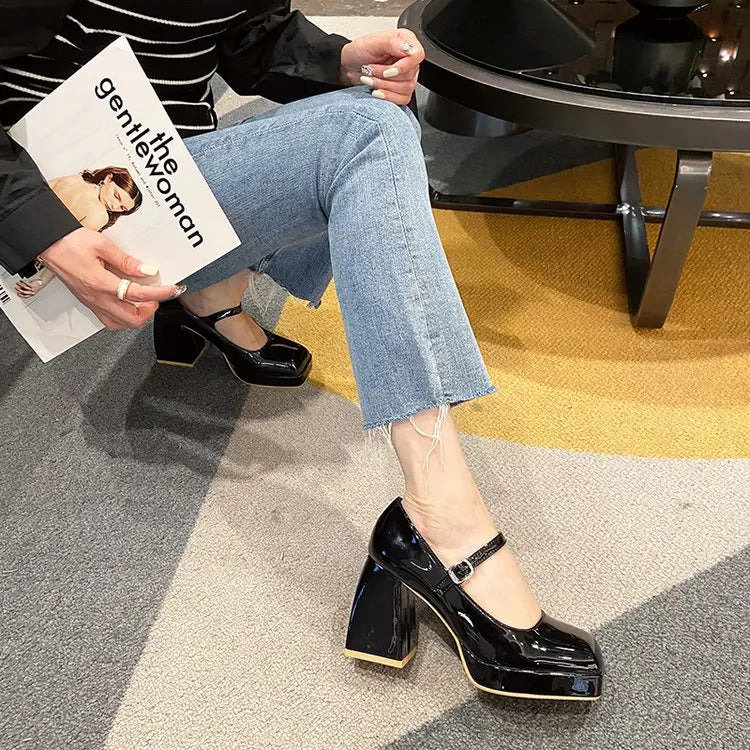 Platform Pumps Women's 2023 Square Toe Thick Heels Mary Janes Women's Patent High Heels Party Shoes Square Toe Square Heel