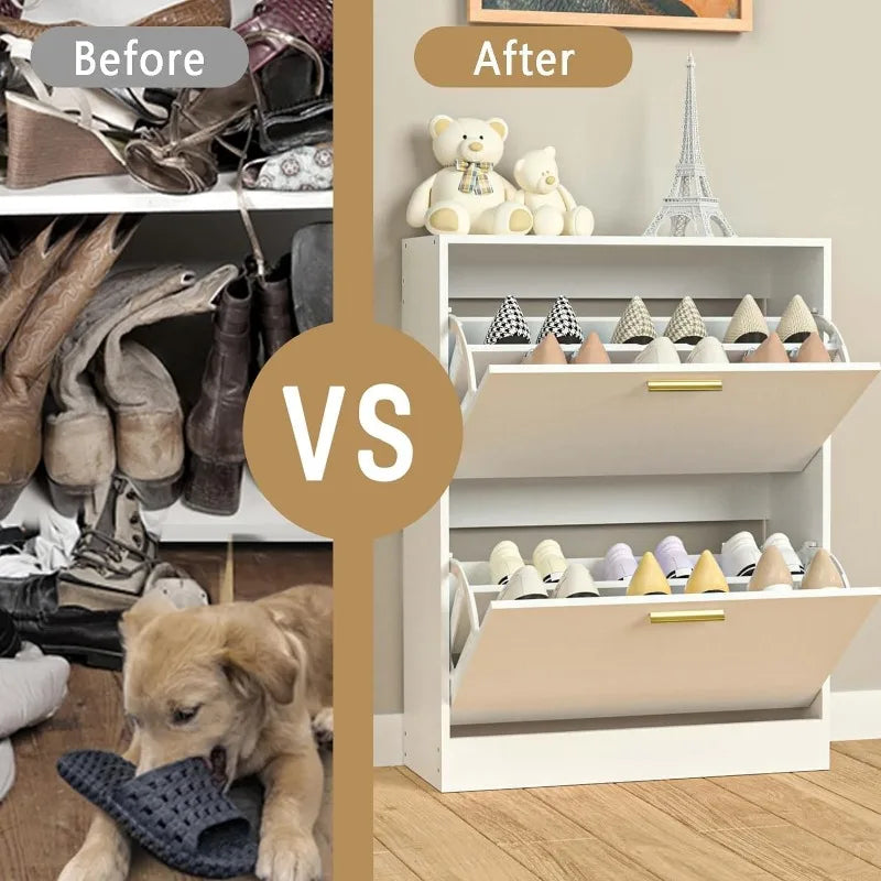 Shoe Cabinet with 2 Flip Drawers - Narrow Shoes Storage for Entryway, Freestanding Hidden