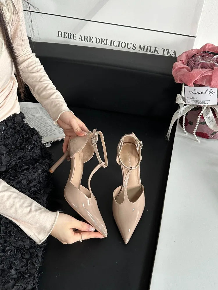 Sexy Red High Heels Women Pointed Toe Party Dress Shoes T-Strap Patent Leather Elegant Slingback Thin Heels Female Sandals Women