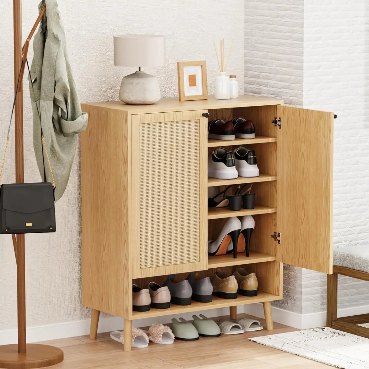 Shoe Cabinet with 2 Handmade Natural Rattan Flip Drawers, Entryway Shoe Rack Storage Organizer for Sneakers, Slippers
