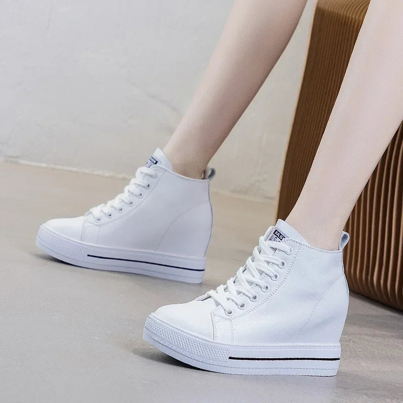 2025 Genuine Leather Shoes New Autumn Winter Lace-up High-top Women Sneaker Shoes High Heels Increase Within Wedges Casual Shoes