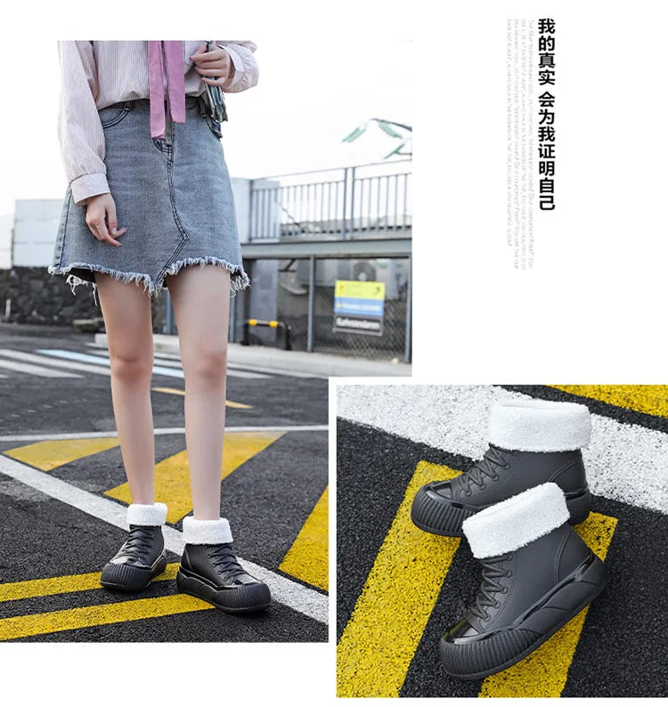 2025 New plush galoshes waterproof rain boots women's rubber platform shoes for lady ankle wide toe rainboots water shoes woman