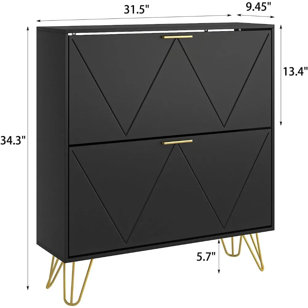 Shoe Cabinet with 2 Flip Drawers, Black Shoe Storage Cabinet, Slim Wooden Freestanding Shoes Rack, Shoes Organizer with Fluted