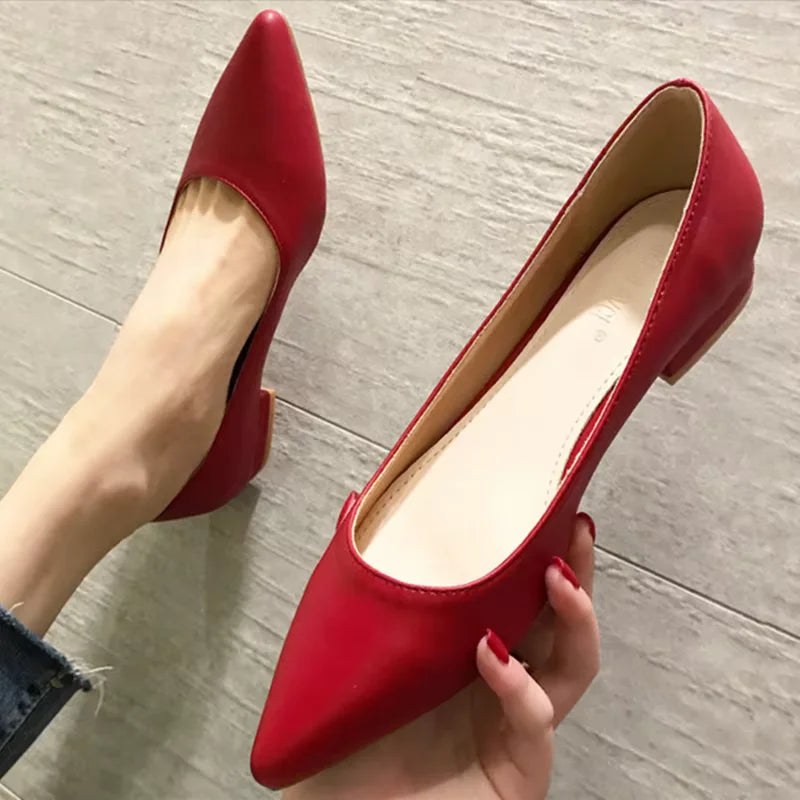 Woman Closed Back Snug Shoes Low Heels 2cm Null Pumps Pointy Toe Slip-On Red Black Beige Narrow Feet Seam Mocasines 34-43 25cm