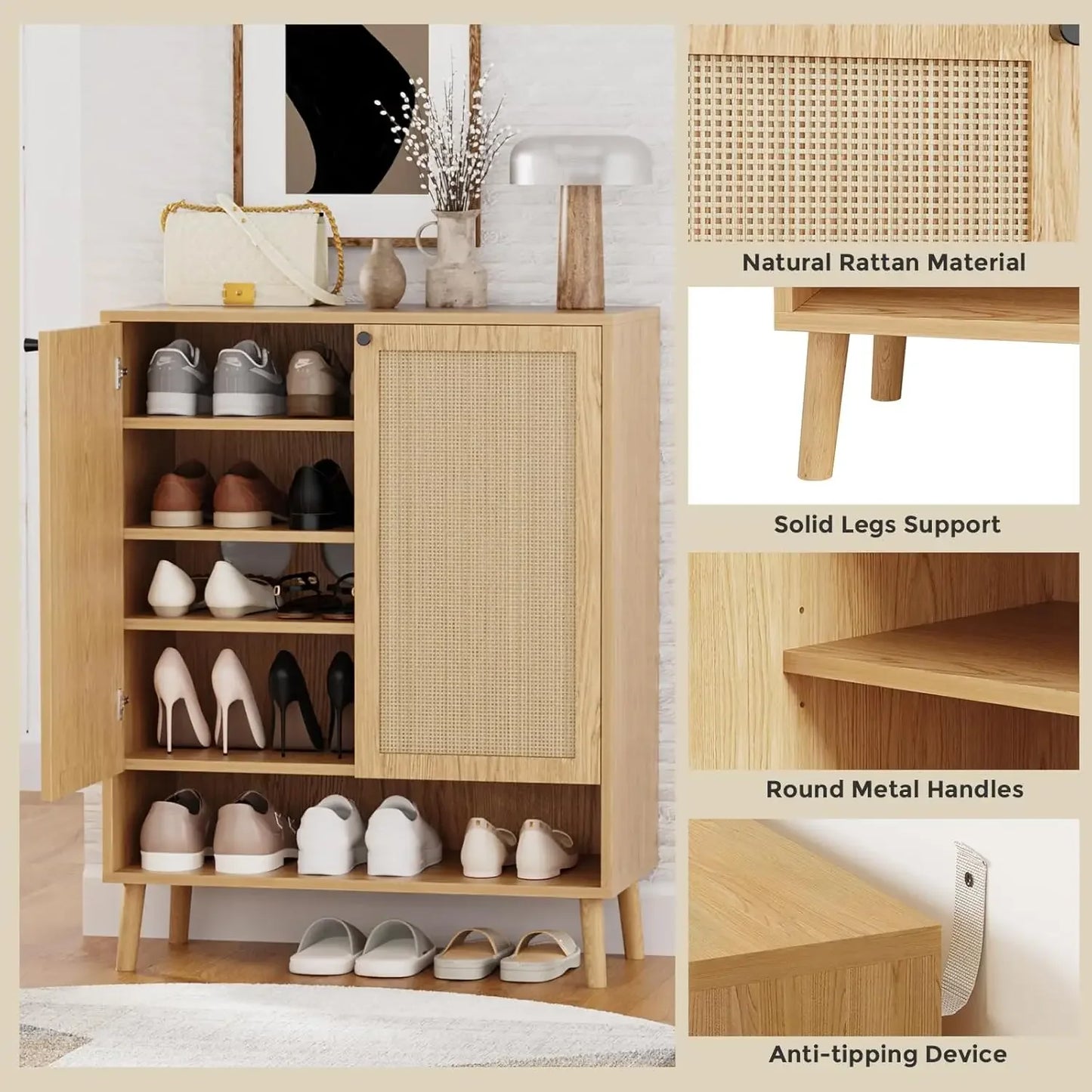 Shoe Cabinet with 2 Handmade Natural Rattan Flip Drawers, Entryway Shoe Rack Storage Organizer for Sneakers, Slippers