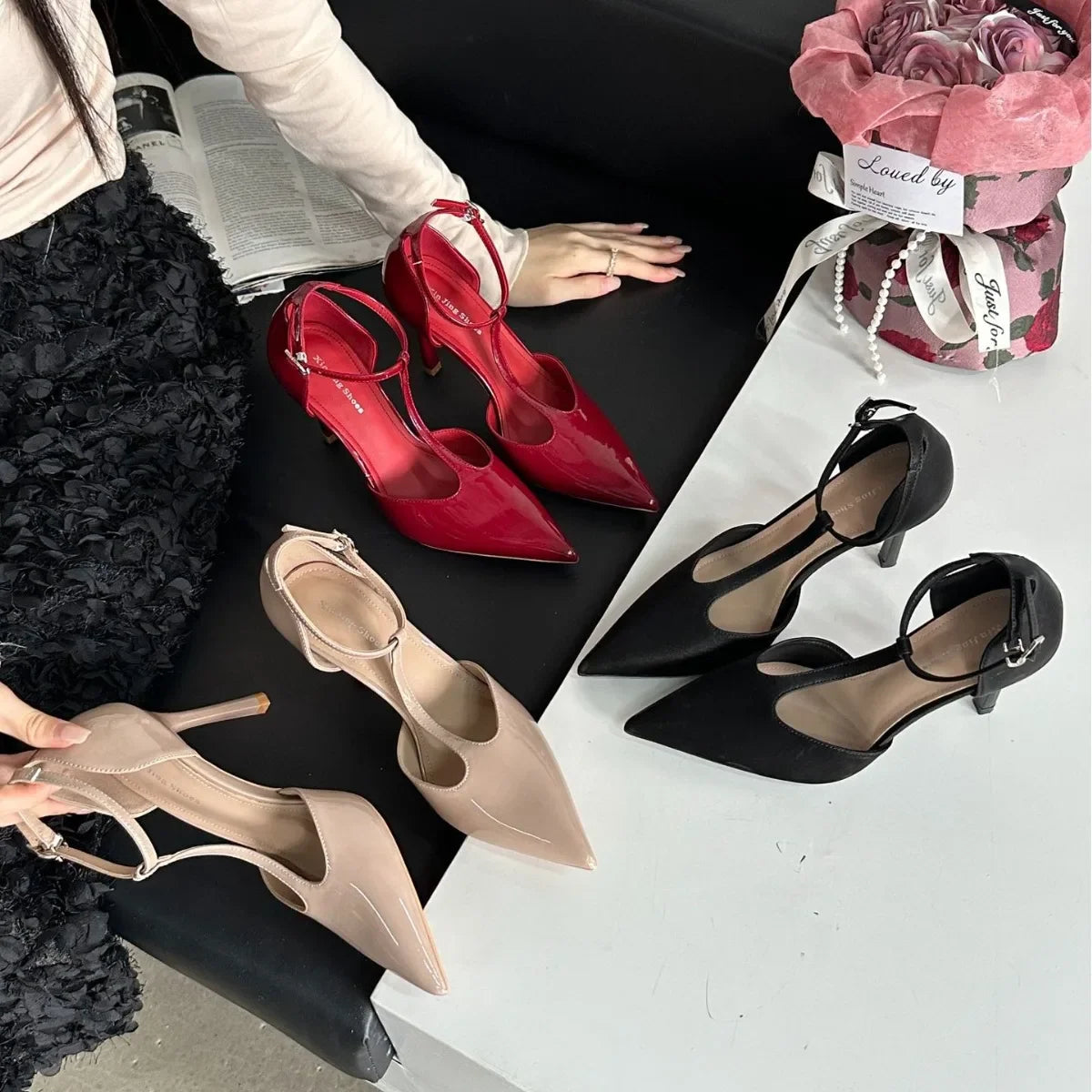 Sexy Red High Heels Women Pointed Toe Party Dress Shoes T-Strap Patent Leather Elegant Slingback Thin Heels Female Sandals Women