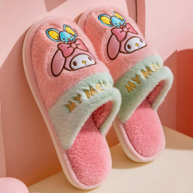 Genuine Sanrio Hello Kitty Plush Slippers Kuromi My Melody Warm Winter Indoor Slippers Flat Casual Non-slip Girl Home Shoes