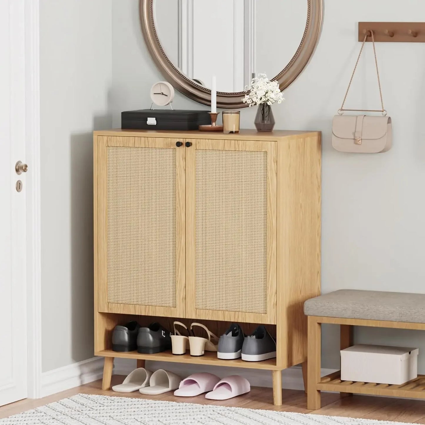 Shoe Cabinet with 2 Handmade Natural Rattan Flip Drawers, Entryway Shoe Rack Storage Organizer for Sneakers, Slippers
