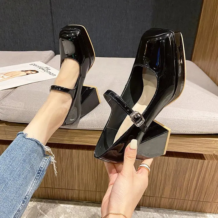 Platform Pumps Women's 2023 Square Toe Thick Heels Mary Janes Women's Patent High Heels Party Shoes Square Toe Square Heel