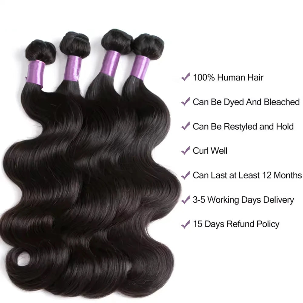 Body Wave Bundles Human Hair Brazilian Hair Weave Bundles 1/3/4 PCS 100% Human Hair Extensions Natural Black Colored For Women