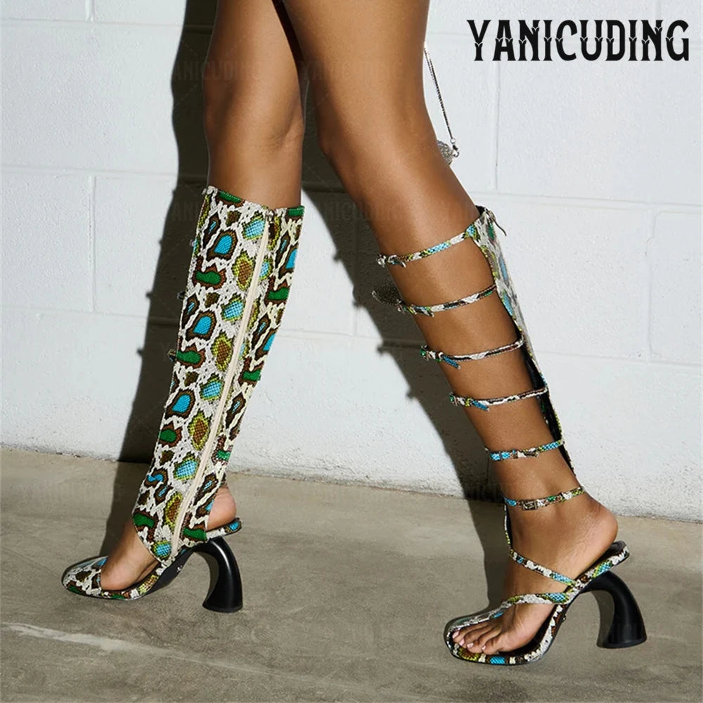 Uniquely Curved Heel Sandal Boots Asymmetrical Novelty Gladiator Sandals Faux Glossy Snakeskin Knee-High Women Boots for Summer