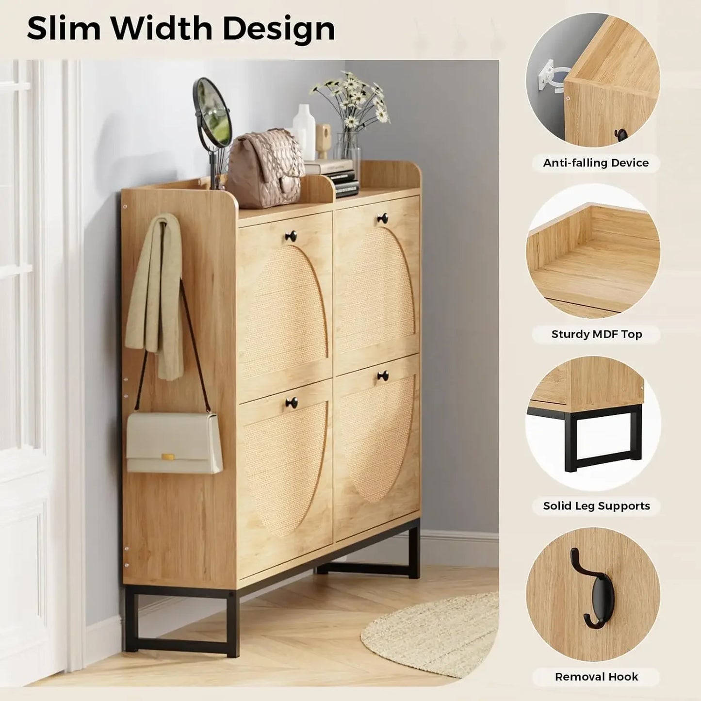 Shoe Cabinet with 2 Handmade Natural Rattan Flip Drawers, Entryway Shoe Rack Storage Organizer for Sneakers, Slippers