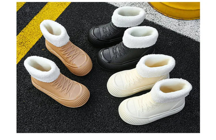 2025 New plush galoshes waterproof rain boots women's rubber platform shoes for lady ankle wide toe rainboots water shoes woman