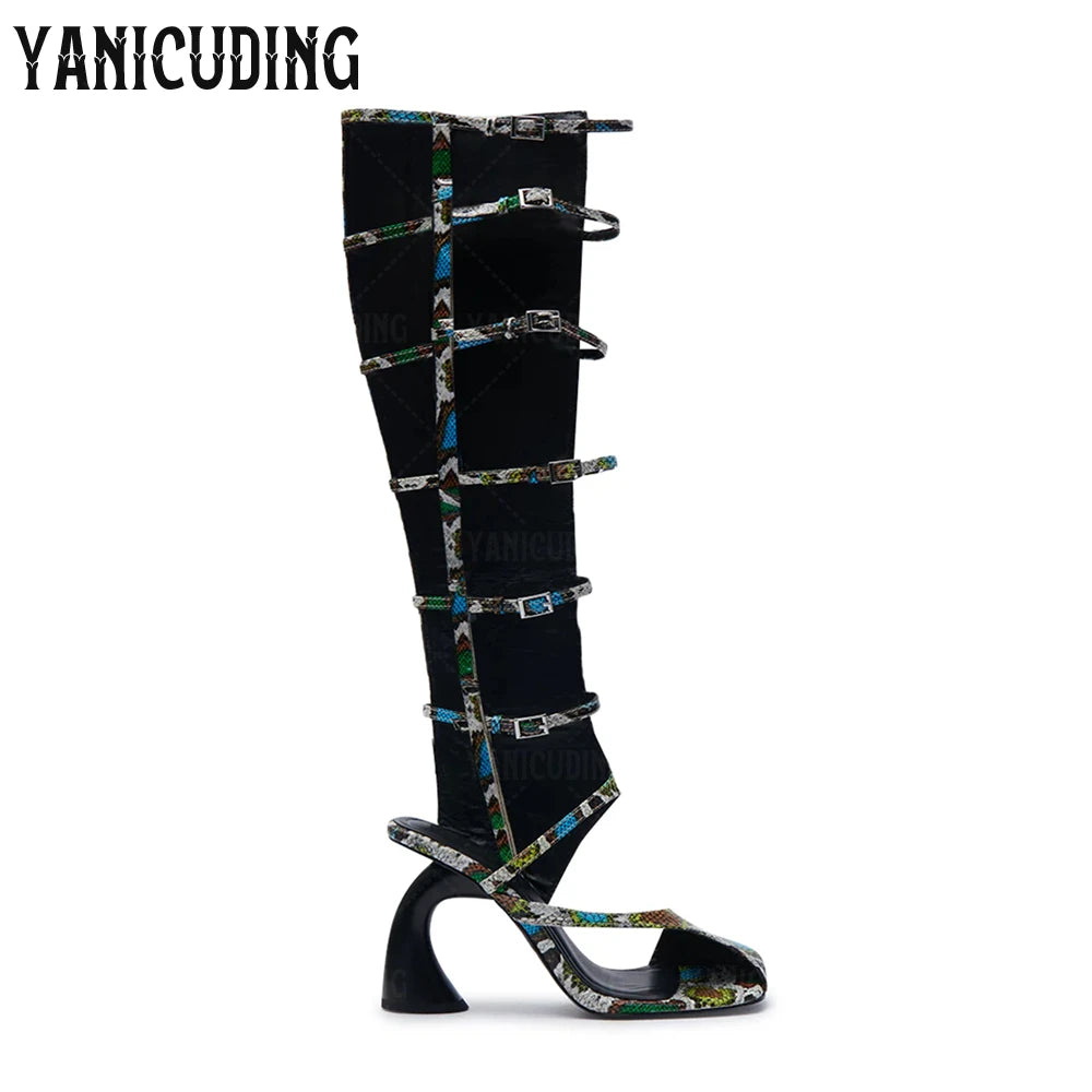 Uniquely Curved Heel Sandal Boots Asymmetrical Novelty Gladiator Sandals Faux Glossy Snakeskin Knee-High Women Boots for Summer