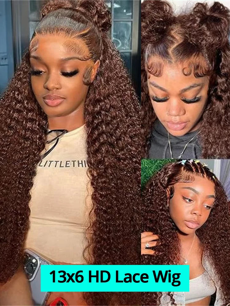 200% Chocolate Brown Deep Wave Human Hair Wig 30 34Inch Transparent Lace Frontal Wigs For Women 13x6 Lace Front Water Curly Wigs