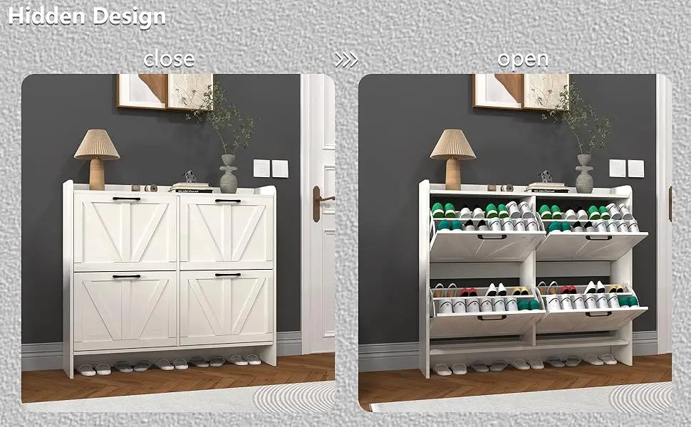 Shoe Cabinet with 4 Flip Drawers, Shoe Storage Cabinet for Entryway, Freestanding Hidden Shoe Cabinet Organizer, Oak White