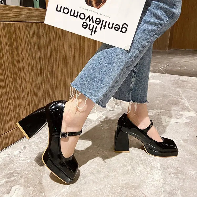 Platform Pumps Women's 2023 Square Toe Thick Heels Mary Janes Women's Patent High Heels Party Shoes Square Toe Square Heel