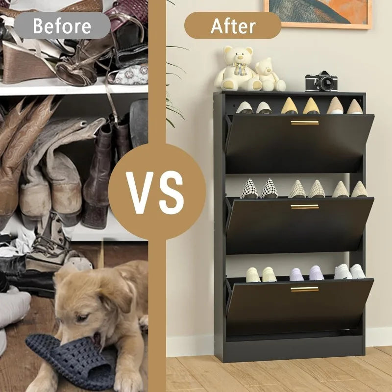 Shoe Cabinet with 2 Flip Drawers - Narrow Shoes Storage for Entryway, Freestanding Hidden