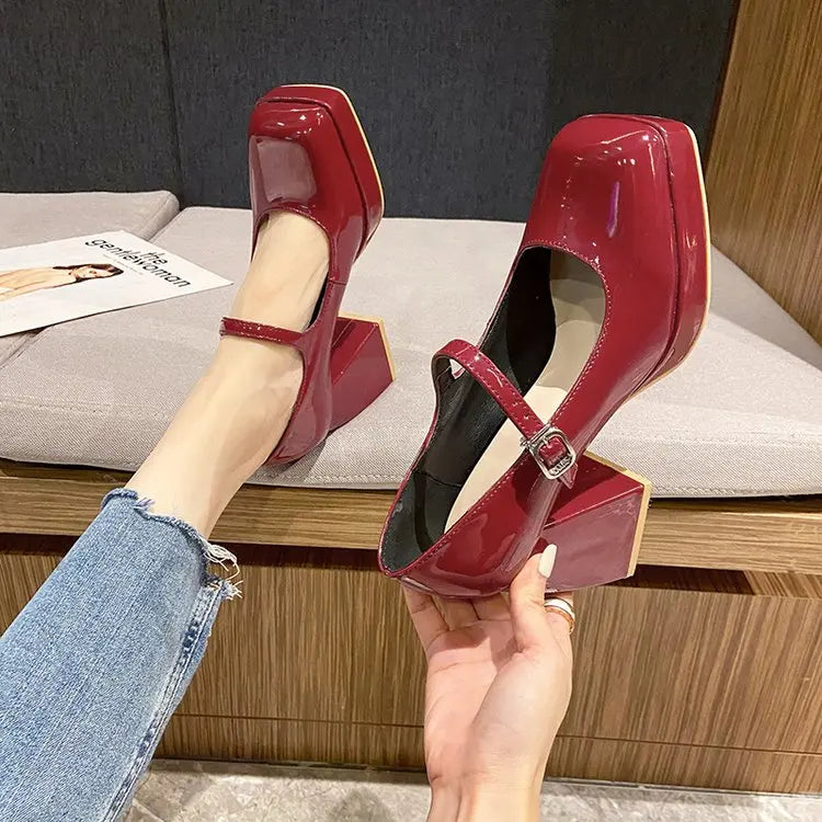 Platform Pumps Women's 2023 Square Toe Thick Heels Mary Janes Women's Patent High Heels Party Shoes Square Toe Square Heel