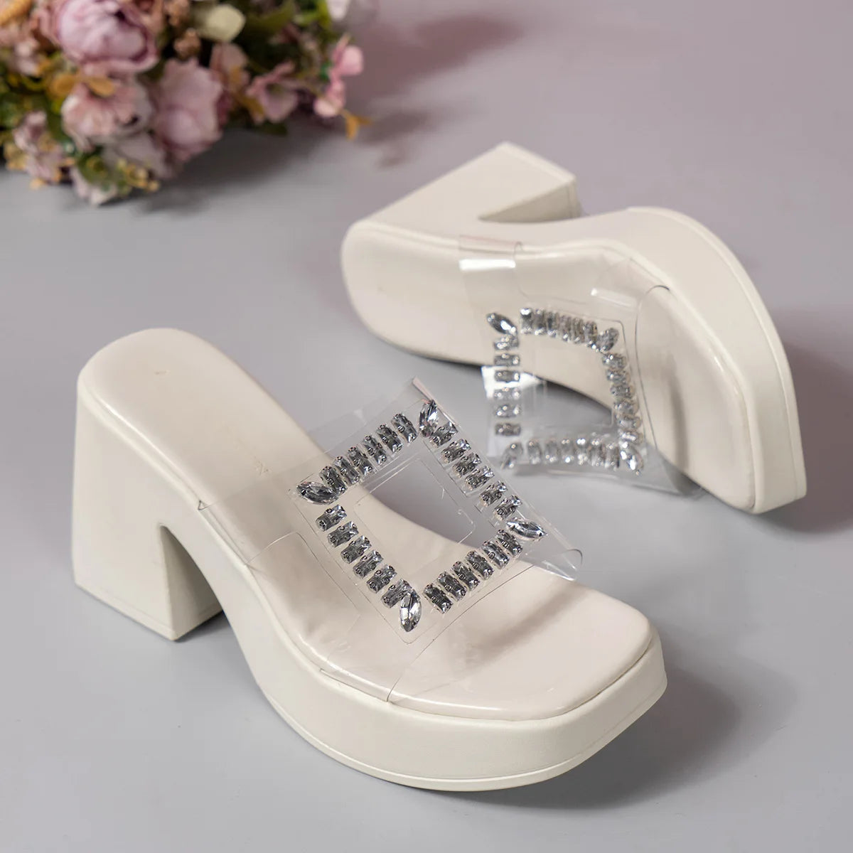 Sandals Women Clear Strap Chunky Heeled Sandals Women Platform Wedges High Heels Shoes Flip Flops Beach Slippers Dress Crystal