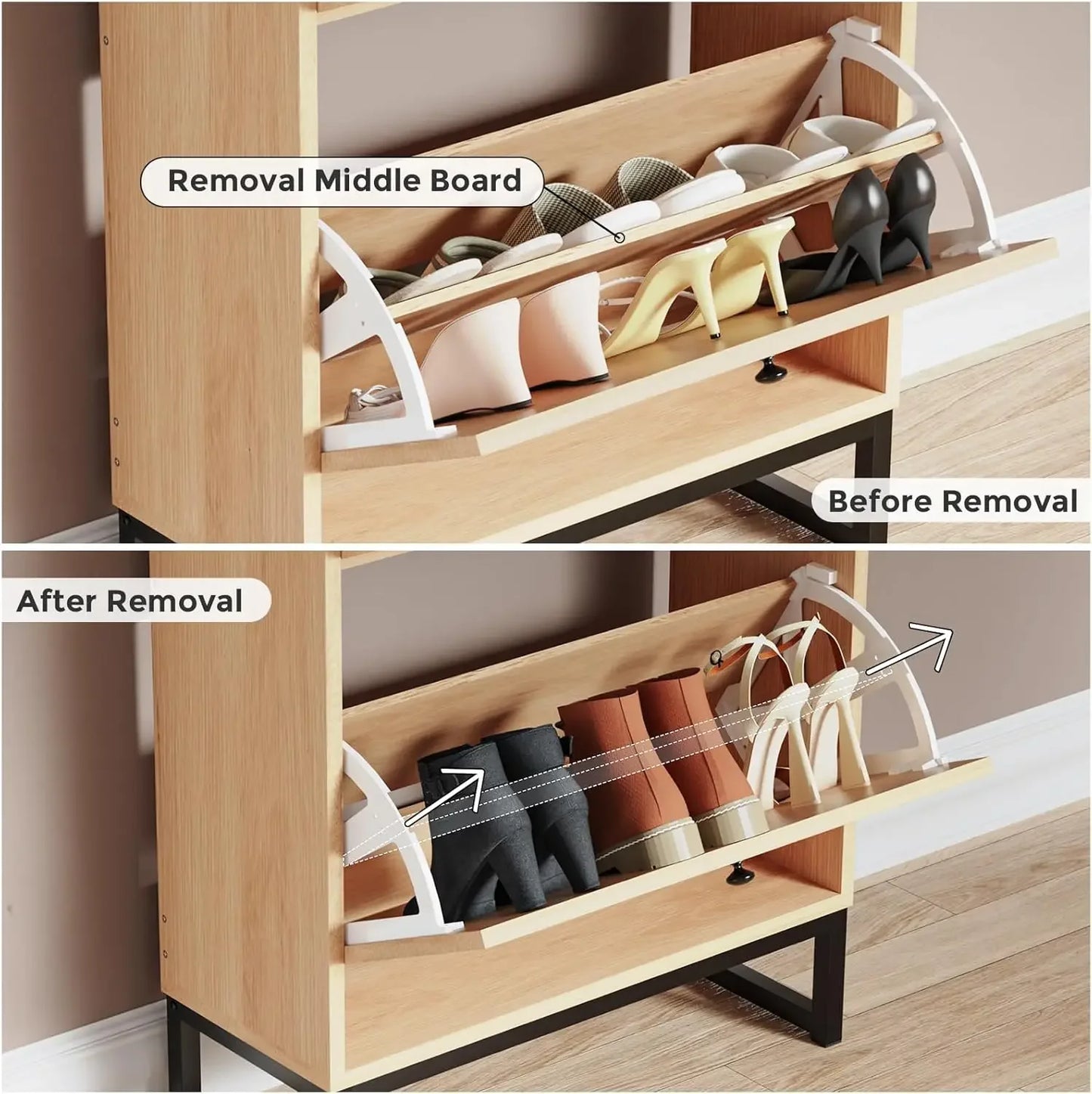 Shoe Cabinet with 2 Handmade Natural Rattan Flip Drawers, Entryway Shoe Rack Storage Organizer for Sneakers, Slippers